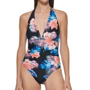 NWT DKNY Floral Shirred Halter Swimsuit
